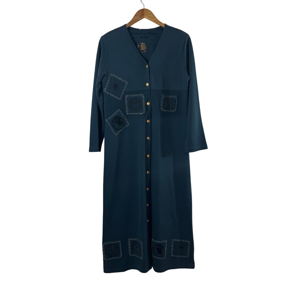 Country Wear 2000 Donna J Star Teal Cotton Celestial Sun Moon Maxi Dress Med